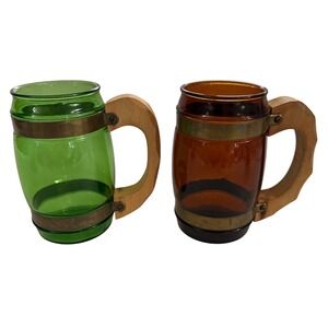 Vtg 1950s 1960s Mid Century Glass Mugs w/ Wood Handles Brass Bands Green Amber